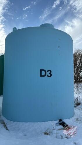 D3 6,000 US gal poly liquid tanks(Seller has access to Telehandler and lift jig to load BUT only for 2 days. Buyer must call Andrew for dates and times for loading. If cant come on set days buyers responsible to load themselves. Must be removed from sale 