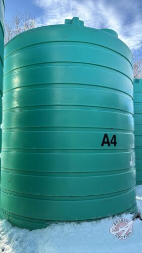 A4 Enduraplas 10,000 US gal poly liquid tank with valve (Seller has access to Telehandler and lift jig to load BUT only for 2 days. Buyer must call Andrew for dates and times for loading. If cant come on set days buyers responsible to load themselves. Mus
