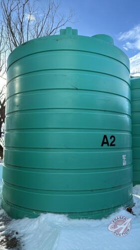 A2 Enduraplas 10,000 US gal poly liquid tank with valve (Seller has access to Telehandler and lift jig to load BUT only for 2 days. Buyer must call Andrew for dates and times for loading. If cant come on set days buyers responsible to load themselves. Mus