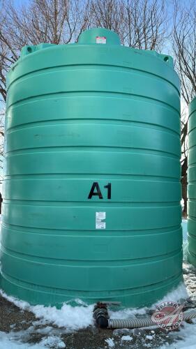 A1 Enduraplas 10,000 US gal poly liquid tank with valve (Seller has access to Telehandler and lift jig to load BUT only for 2 days. Buyer must call Andrew for dates and times for loading. If cant come on set days buyers responsible to load themselves. Mus