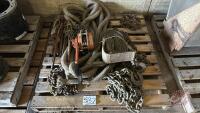 Pallet of Tow Ropes, Chain , Bear Traps, Load binders and 3 ton chain hoist