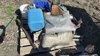 F56 Tarp, booster cables, water jug, muffler, trailer jacks & misc