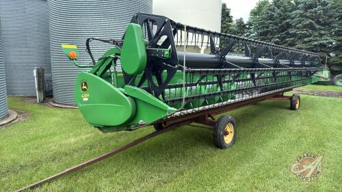 30&rsquo; John Deere 630R header on 4-wheel farm wagon transport, S/N-735605