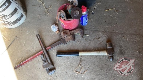 Two pipe wrenches, hammer, pins