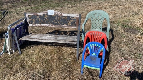 Garden bench and plastic chairs