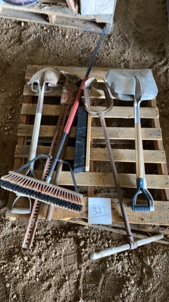 Grain Scoop, post hole digger, shovel, potato fork, broom, Jack all jack