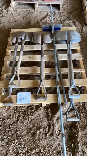 Grain scoops, green probe, broom, shovels