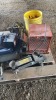 Pail of guards, construction heater, battery charger, floor jack, toolbox - 6