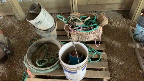 Rope halter, rubber feed pills, feed tubs