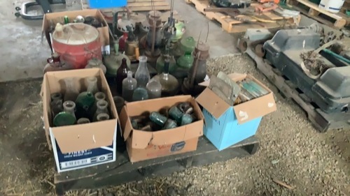 Assorted call oil lamps, bottles, insulators, license plates