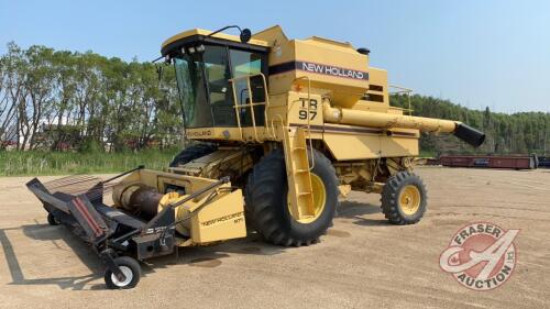 New Holland TR97 SP Combine w/971 pick-up head, 3332 Eng hrs showing, 2786 Sep Hrs showing, s/n556046, H49 ***keys - office trailer***