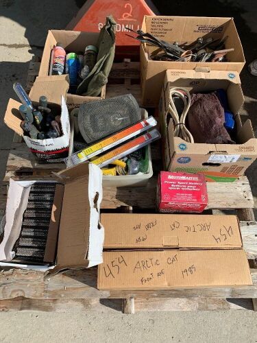 Pallet of: box of 3 1/4" strip nails, new in box-mower battery, (2) New in box quad axles,  screw gun-Mastercraft in box, box cleaner/lube, (3) New mower blades, (2) new boxes welding rods, tent pegs in bag, (2) boxes of various tools, New full nozzle, A6