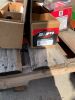 Pallet of: box of 3 1/4" strip nails, new in box-mower battery, (2) New in box quad axles,  screw gun-Mastercraft in box, box cleaner/lube, (3) New mower blades, (2) new boxes welding rods, tent pegs in bag, (2) boxes of various tools, New full nozzle, A6 - 3
