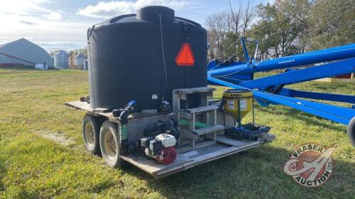 1250 IMP-gal poly water tank w/Honda GX200 3” pump, and 2” Handler I Chemical system on t/a wagon
