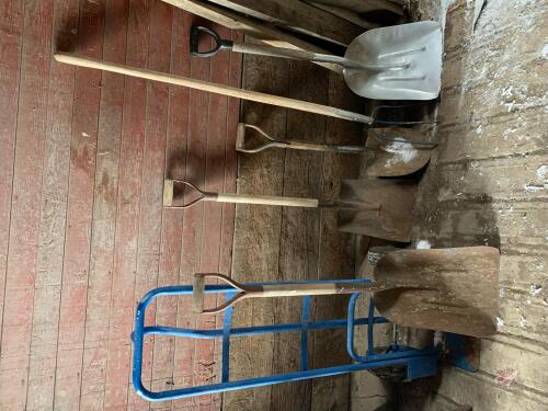 2-wheel dolly cart (blue) plus shovels and pitch fork (sells as a lot)