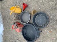 drain pans, gas cans, funnels, and oil jug (sells as lot)