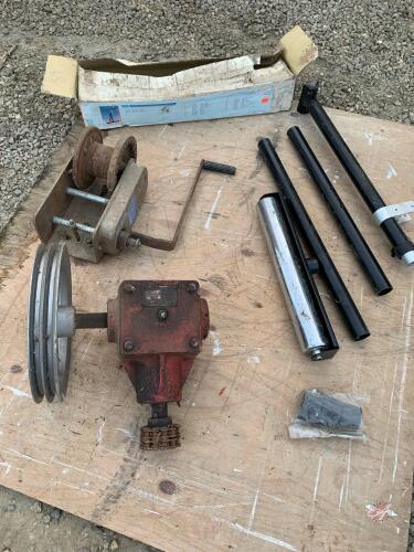 folding roller stand, large hand winch, gearbox off 7" Sakundiak auger (sells as a lot)