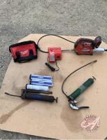 Milwaukee battery powered grease gun with charger, JD piston grip grease gun, Lincoln lever handle grease gun, 4 tubes of grease (sells as a lot)