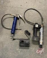 JD battery powered grease gun with charger, Lincoln pistol grip grease gun (sells as a lot)