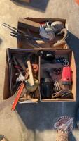 Box lot with flashlights, shop wheels, misc tools, exhaust cover, draw pin and clevis