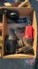 Box lot with flashlights, shop wheels, misc tools, exhaust cover, draw pin and clevis - 2