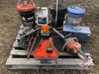 pallet - parts pails of oil, magnetic lights, 2 load bines, tool box of fittings, draw bar pins, Stihl MS170 chain saw, K40