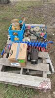 Pallet - Chelsea PTO and pump-from Eaton Fuller Trans (working when taken off), (18) load straps, Strap winder, 1 weld on strap ratchet, 2 signal lights, 2 Red & Blue airlines off Semi, F85