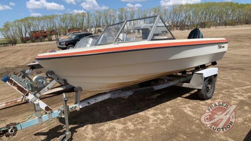 16ft Fibreglass boat V-hull with homemade trailer, F98 Owner: Lorrie M Lockerby, Seller: Fraser Auction:________________***TOD, Box with keys, a few extra parts - office trailer***