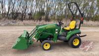 JD 1023E MFWD Tractor with JD 120R loader, Dsl engine, 54inch bucket, 3PT, 540 PTO, 433 hrs showing, S/N 1LV1023ECHJ108918, F118 ***keys - office trailer***