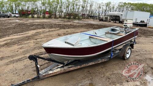 14ft Aluminum Boat with Homemade Trailer, 20Hp Johnston motor, Piranaha l fish finder, F141 Owner: K B Dubyts, Seller: Fraser Auction:___________________ ***TOD - office trailer***