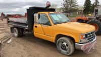 1991 Chevrolet Cheyenne 3500 dually with 10ft Cancade gravel box, 195,169 showing, VIN#1GBJC34J1ME194857, F74 Owner: Dianna C Hainsworth, Seller: Fraser Auction ____________________ ***TOD, keys - office trailer***