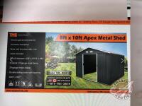 8ft x 10ft Galvanized Apex Roof Metal Shed, 41in Sliding Door, 29 Gauge Corrugated Metal, 67in Edge Height, TMG-MS0810, New