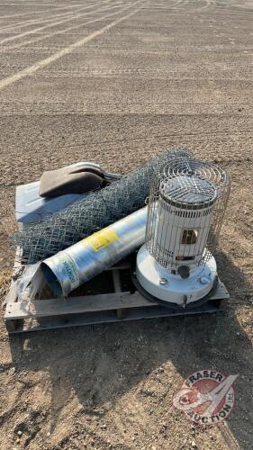 Pallet - chain link, kerosene heater, 10ft flashing roll, 6 grain shovels, H99