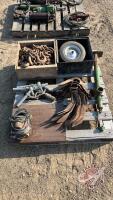 Pallet - chains, fuel nozzles, trailer jack, 1/2HP electric motor, assorted shovels, H99