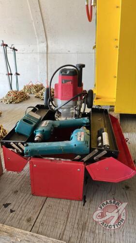 Tool box-red, 2 Makita drills with chargers, Professional router, H103