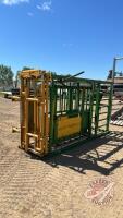 Real Industries Squeeze Chute with Tuff livestock headgate, palp cage, wood floor, H126