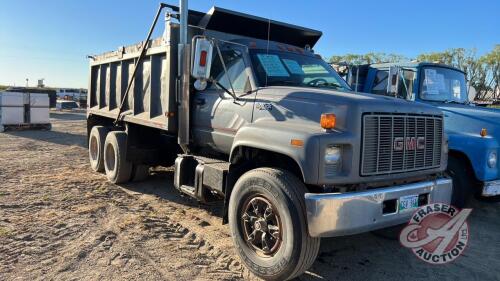 1994 GMC Topkick truck with 15ft Loadline gravel box, 389,153 showing, VIN# 1GDT7H4J7RJ521942, H179, (NOT RUNNING), Owner: Mark J Hildebrand, Seller: Fraser Auction_______________ ***TOD, keys - office trailer***