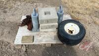 Pallet with 3 bricks, cult shovels, golf cart tire on rim , 2 counter weights