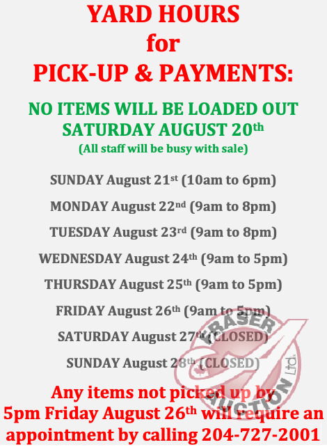 YARD HOURS for PICK UP PAYMENTS