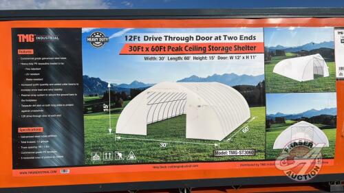 30ft x 60ft Peak Ceiling Storage Shelter with Heavy Duty 11 oz PE Cover & Drive Through Doors