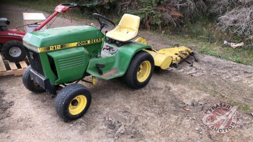 JD 212 Lawn Tractor with tiller, s/n Tractor - 098208M, Tiller s/n 400994M, Lawn mower deck, H039H, s/n 403242M, J61 ***keys - office trailer***