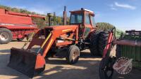 1980 Allis-Chalmers 124HP, 2WD tractor with Leon 707 loader, bucket, 7379 hrs showing, s/n 3461 J132 (reverse linkage sometime sticks) ***keys - office trailer***