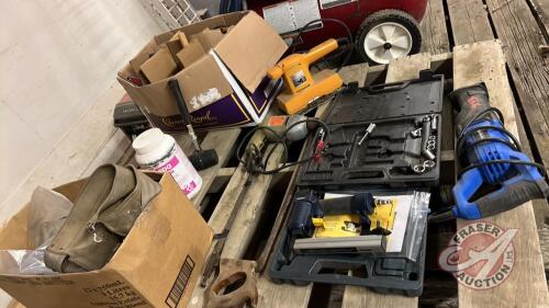 Pallet: New Mastercraft air stapler, partial socket set, Mastercraft Corded Sawzam, box of electrical supplies, box of hammers, screwdrivers, sander and drill, J36