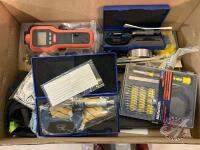 Digital micrometers, tachometer, precision bit set and misc, J36 (17)