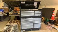 Gray Tool 17 drawer tool chest on wheels 53in x 21in top, 53inx32in bottom, HD drawers with liners, J36