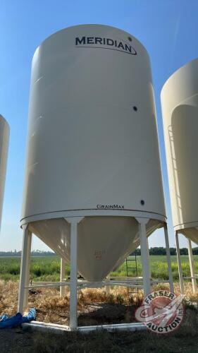 Bin#4, 4000 Bushel Meridian Grain Max hopper bottom bin, s/n BIN 6220110233509, s/n FAN F1104253864, (This bin still has grain in it and will not be ready for removal until June 15th 2023)