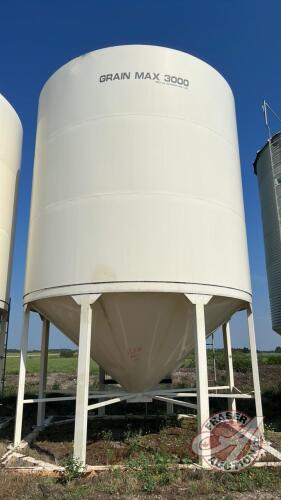 Bin#8, 3000 Bushel Meridian Grain Max hopper bottom bin, bin s/n7543, fan s/n211020132, (This bin still has grain in it and will not be ready for removal until June 15th 2023)