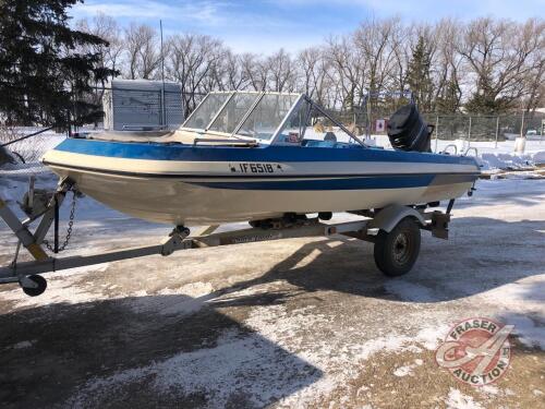 16ft Vanguard boat with 90 Mercury motor, with 1982 Shorelander boat trailer, s/n156203, Owner: Brian G Trotter, Seller: Fraser Auction_________________, ***keys, TOD - office trailer***