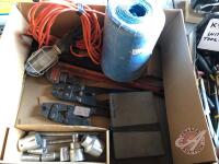 Box of tools, trouble light, flare tool, sockets and baler twine, K93