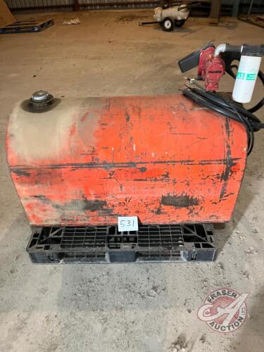 100 gallon John Wood fuel tank with 15 GPM 12 volt pump.